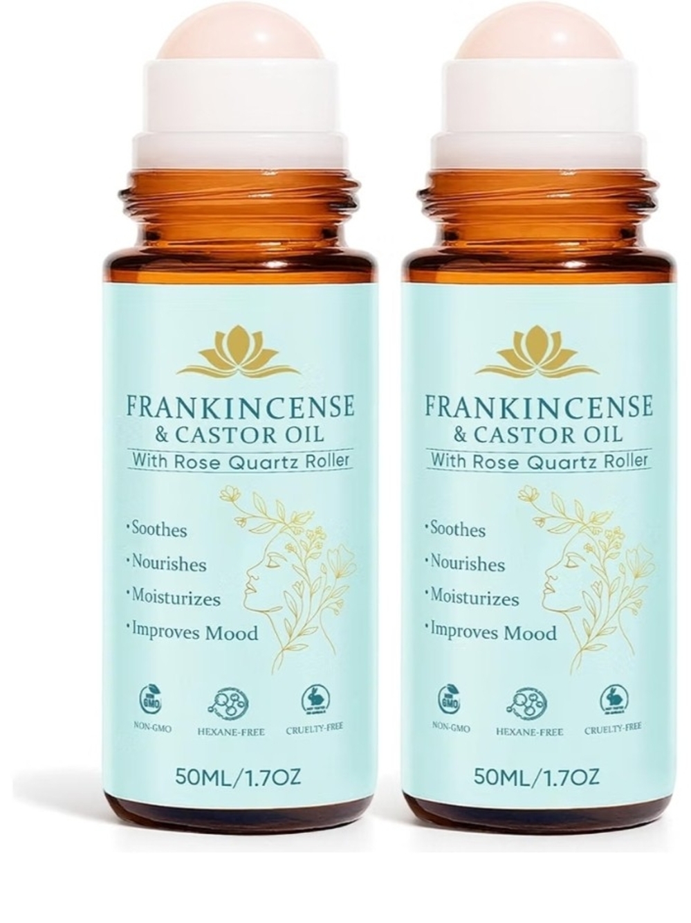 2pk Frankincense and Castor Oil, Castor Oil Roll On with Rose Quartz, 100% Pure,